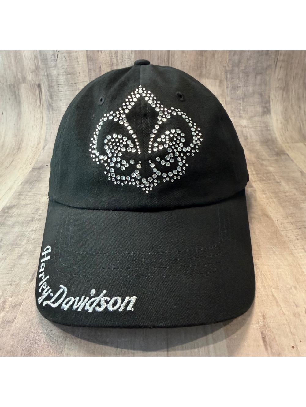 Harley Davidson Rhinestone Fleur-de-lis Black Hat Hook & Loop Cap Y2K Biker